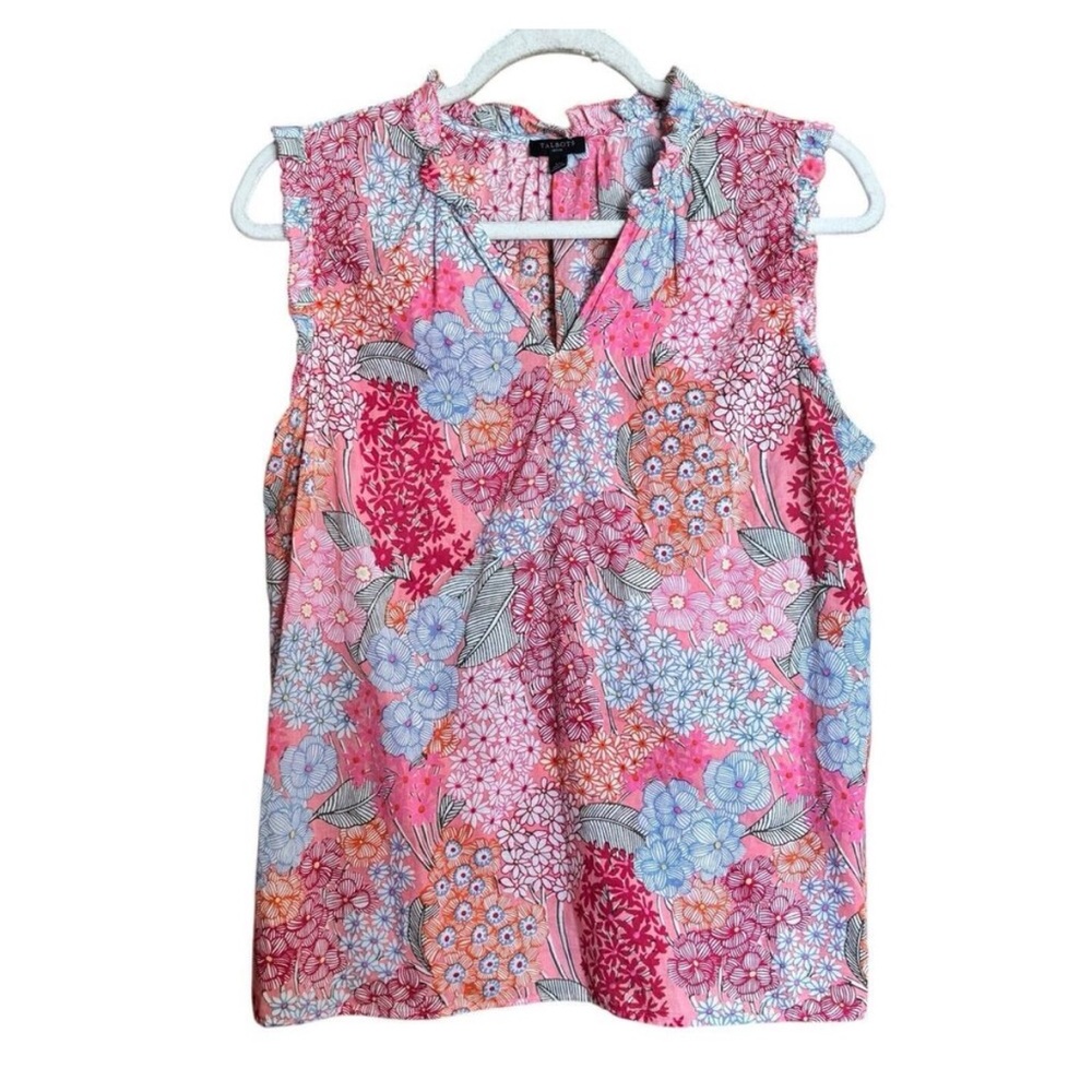 Talbots Top Womens Large Petite Multicolor Floral Print Sleeveless Cotton Blouse
